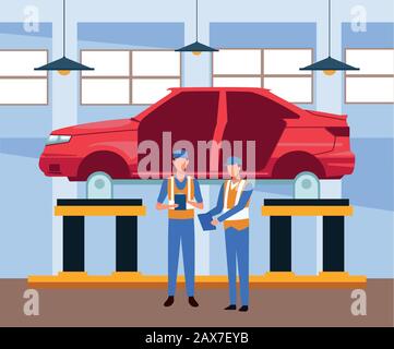 décor d'atelier de réparation de voitures avec mécanique debout sur la voiture soulevée Illustration de Vecteur