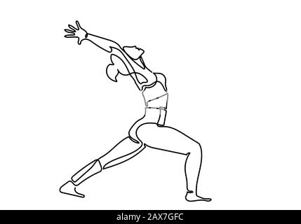 Mise en plan continue d'une ou d'une seule ligne. Femme faisant de l'exercice dans le yoga isolé sur fond blanc., illustration vectorielle Banque D'Images