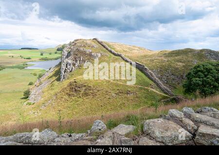 Sycamore Gap Tree ou Robin Hood Tree, Hadrien Wall, la limite nord de l'Empire romain, près D'Une Fois Brassée, Northumberland, Angleterre Banque D'Images