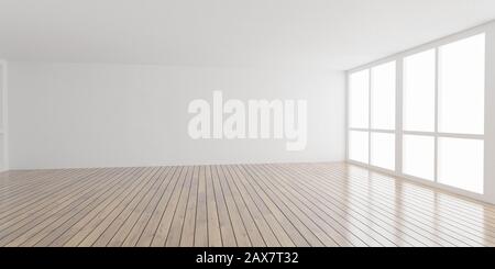 L'architecture de la grande salle blanche et lumineuse rend l'illustration tridimensionnelle avec un plancher en bois brillant et des murs blancs texturés jour lumière haute clé éclairage Banque D'Images