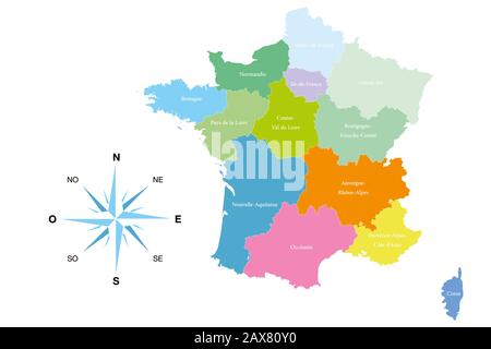 Carte détaillée des 13 régions de France - reformée - modifiable illustration colorée et utile pour les concepteurs Banque D'Images