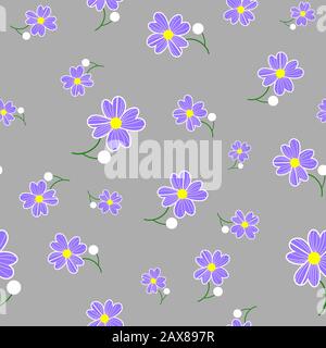 Arrière-plan sans couture avec motif fleuri façon craptage. Motif de fleurs bleues sur fond gris. Fête des mères, 8 mars Banque D'Images