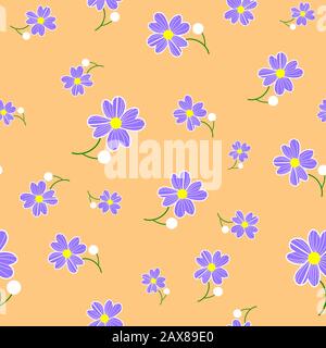 Arrière-plan sans couture avec motif fleuri façon craptage. Motif de fleurs bleues sur fond orange. Fête des mères, 8 mars Banque D'Images