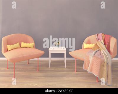 Cette chambre lumineuse de jour est composée d'un mur gris peint à la main et de canapés modernes de marque, de couleur orange-rose Banque D'Images