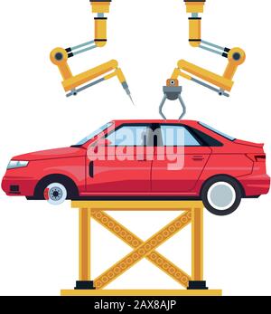 bras robotiques travaillant sur une voiture levée Illustration de Vecteur