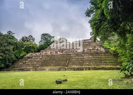 Pyramide Caana à la Plaza B, forêt tropicale, à Caracol, ruines mayas, plateau Chiquibul, district de Cayo, Belize, Amérique centrale Banque D'Images
