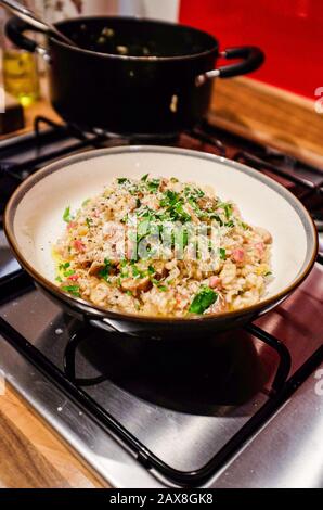 Risotto aux champignons de style italien fait maison dans un bol rond Banque D'Images