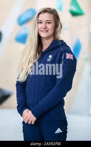 Shauna Coxsey lors de l'annonce de l'équipe d'escalade Team GB Tokyo 2020 à L'Occasion des travaux D'Escalade, Sheffield. Banque D'Images