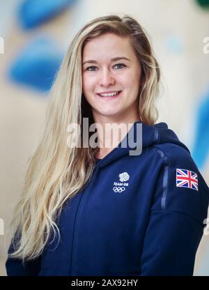 Shauna Coxsey lors de l'annonce de l'équipe d'escalade Team GB Tokyo 2020 à L'Occasion des travaux D'Escalade, Sheffield. Banque D'Images