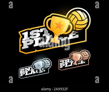 Jeu de compétition de victoire de volley-ball Typographie sport volley-ball et tasse dans le style rétro emblème vecteur concept avec or, argent et bronze tasse tr Illustration de Vecteur