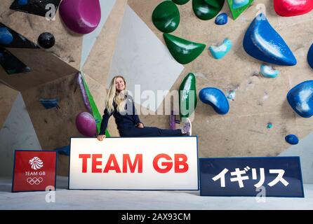 Shauna Coxsey lors de l'annonce de l'équipe d'escalade Team GB Tokyo 2020 à L'Occasion des travaux D'Escalade, Sheffield. Banque D'Images