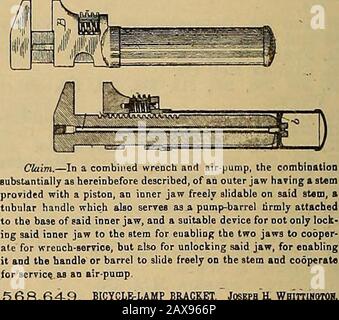 La revue du commerce de la roue et du vélo . 568,649. SUPPORT DE LAMPE DE VÉLO. JOSEPB H. Buffalo. N. Y.. Cédant à la Forsyth Manufacturing Company, Iplace A Déposé Le 24 janvier 1886. N° De Série 576,658. •&gt;G8.693. Usines de Bell Normant. Everett, Mass., Apalgnor of Tin T. Morrill, Brookllne, Mass., A Déposé le 5 octobre 1895. Série i bicyclette-lock, a ving a longitudii la dépression dans le fond - la broche de guidage s'étendant sur la sai8 re-cess, la clé adaptée à 6 t sur ladite broche de guidage. La vis longitudinale mov-able rut au centre pour recevoir la broche, les salles arrangées?sur Mid holt, le membre-section ayant un lon Banque D'Images