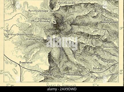 Nouvelle géographie universitaire : la terre et les hommes . t sapprovigner de neige dure sur le mont de létoile.des volcans advences parsèment les pentes de lOrizaba et les plaines 1 Garcia Cubas, ouvrare; cité — 5584 daprès Morphy. - Claine, Société de géographie, comte du séances, 1890. 3 Guido Cora, Cosmos, vol. V, 1878-1879. 4 I. W. von Millier, Reisen in den Vereigten Staaten, Canada et Mexique. PIC DORIZABA. 45 des altours : hauts de 120 à 150 mètres, ils ressemblants à de gigan-tesques tombelles, et les indigènes disent en effet que ce sont les monti-cules funéraires dres Banque D'Images