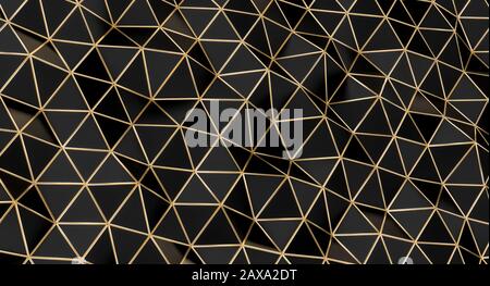 structure avec polygones triangulaires noirs avec bords dorés, image de rendu tridimensionnelle. personne autour. arrière-plan géométrique minimaliste. Banque D'Images