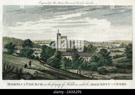 St Mary’s, une église paroissiale médiévale à Hornsey, dans l’ancien comté de Middlesex, en Angleterre, qui se trouve aujourd’hui dans le quartier londonien de Haringey. L'église a été fondée vers 1300. Maintenant, seule la tour, achevée vers 1500, survit. Le comté de Middlesex (l'un des comtés près de Londres communément appelé « les comtés de la maison ») a été aboli lors de la réorganisation du gouvernement local en 1974. Gravure publiée vers 1779. Banque D'Images