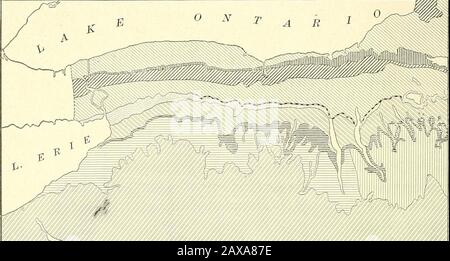 La physiographie forestière; la physiographie des États-Unis et les principes des sols en relation avec la foresterie . est illustrée à la Fig. 284, et prouve que les vallées étaient des autoroutes de mouvement moréactif de la glace. Les faits les plus importants qui pointent vers la complexité de l'origine concernent les vallées suspendues tributaires des lacs Finger. Sur les pentes abruptes des côtés de la vallée principale, une série de gorges enterrées a été trouvée. • Williams, Tarr Et Kindle, Watkins Glen-Catatonk Folio U. S. Geol. Surv. N° 169,Field éd., 1909, p. 124. 7 o PHYSIOGRAPHIE FORESTIÈRE Les gorges sont occupées par des dépôts de dérive du dernier Banque D'Images