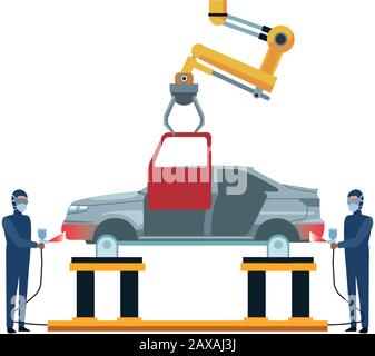 des peintres en voiture ont peint en rouge une voiture levée et un bras robotisé tenant une porte Illustration de Vecteur