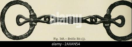 Anciens lacustres-habitations ou cannnogs écossais : avec un chapitre supplémentaire sur les restes de lacustres-habitations en Angleterre . Fig. 146. —bague de doigt (f). Fig. 147 (£). la barre transversale à l'autre extrémité est fendue longitudinalement et percedtransversément par un petit trou autour de son centre. 7. Fil de bronze incurvé et légèrement rainuré, 2 contacts, et exactement similaire à la partie supérieure d'une goupille de sécurité moderne. Fig. 148.—Bridle bit (J&gt; c.) Article fabriqué en fer et en bronze.— un bit bridé. Thisse compose de deux grands anneaux et d'une pièce centrale. Sa longueur d'extremelength est de 10| pouces, le diamètre extérieur des anneaux est plutôt Banque D'Images
