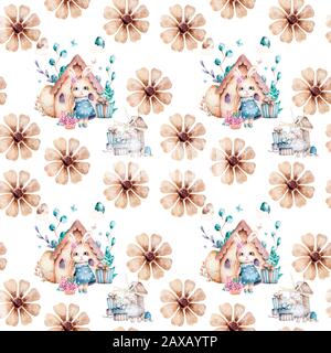 Mignons lapins en forêt. Motif sans coutures pour le printemps, illustration de dessin animé pour vêtements pour enfants. Style Woodland Watercolor. Image boho dessinée à la main pour Banque D'Images