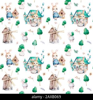 Mignons lapins en forêt. Motif sans coutures pour le printemps, illustration de dessin animé pour vêtements pour enfants. Style Woodland Watercolor. Image boho dessinée à la main pour Banque D'Images