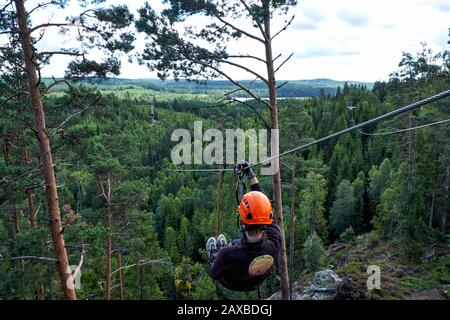 Cavalier mâle avec casque orange sur la ligne Little Rock Zip au-dessus d'une forêt de pins sur le chemin d'une tour d'atterrissage en bois au loin Banque D'Images