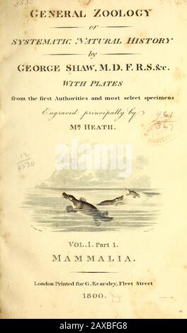 Page de titre Zoologie générale, ou histoire Naturelle Systématique partie I, par Shaw, George, 1751-1813; Stephens, James Francis, 1792-1853; Heath, Charles, 178 Banque D'Images