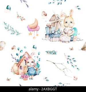 Mignons lapins en forêt. Motif sans coutures pour le printemps, illustration de dessin animé pour vêtements pour enfants. Style Woodland Watercolor. Image boho dessinée à la main pour Banque D'Images