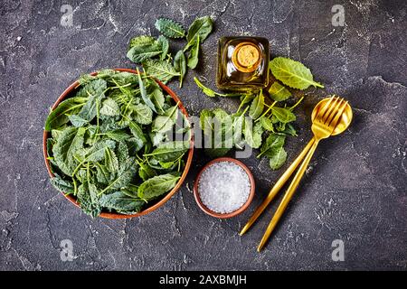 Ingrédients pour le menu de remise en forme: Feuilles de kale fraîches sur un bol avec sel de mer et huile d'olive et ustensiles de salade sur fond en béton foncé, horizontal o Banque D'Images