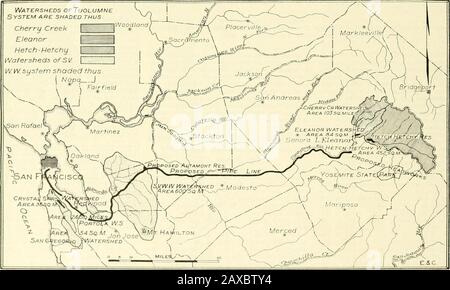 Ingénierie et passation de marchés . k irri-gation district. C'est ce qu'on appelle le site du réservoir de DryCreek; il a une capacité de 325,-000 acres-ft. La ville dispose alors d'un espace de stockage disponible sur la zone de drainage de San Francisco, à 830,800 acres et à l'extérieur de la région de SanFrancisco et disponible pour l'utilisation par les districts d'irrigation, SHJO.OOO acre-ft. De ce qui précède, il est évident que la controverse nosobre peut survenir à l'avenir entre les irrigateurs et la ville, relativeto le retrait de l'eau de l'aqueduc, car avec un stockage approprié il y aura un approvisionnement en eau d'anample pour les deux interes Banque D'Images