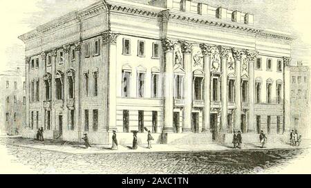 Londres . ss entièrement au service de banque. Il meurt en 1713 en tant que Sir Francis Child, et après des ravages, il a servi les bureaux de shérif, de maire de lord et de député de la Ville. Ayant été si récemment érigée, bien sûr, la salle n'a, correctement parlant, aucune histoire, à moins que le splendide banquet qui a marqué son ouverture le 15 juillet 1835, soit estimé tel, lorsque le duc de Wellington, et de nombreuses personnalités distinguées liées au même parti politique, étaient des invités acongaux. Il y avait certainement une caractéristique de cette réunion digne de préavis—la déclaration de la première guerre Banque D'Images