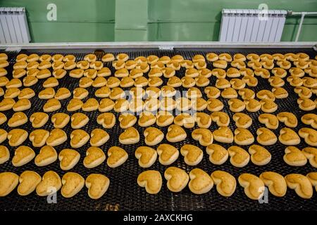 Chaîne de production de cuisson. Cookies sous forme de coeurs après revêtement de glacer sur le convoyeur. Banque D'Images
