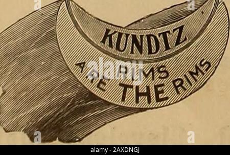 La revue du commerce de la roue et du vélo . Pas de fractionnement. Aucun joint ne se désappart. Pas de joints de colle extérieurs à ouvrir. Parfaitement vrai et rond. Parfaitement assaisonné. Finition piano... Résiste à la pression la plus forte sur tous les autres LaminatedRimas, et garanti absolument. KUNDTZ BENDING WORKS, Cleveland, O. THE A. L. MOORE CO., General agents, Cleveland, New York, Chicago. Mentionnez La Roue. Banque D'Images