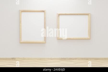 Plusieurs cadres photo en bois pour ajouter votre contenu à un arrière-plan de mur blanc avec un parquet Banque D'Images