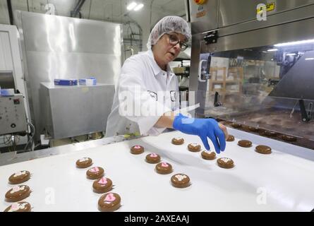 St. Louis, États-Unis. 11 février 2020. Un travailleur au chocolat au chocolat applique des décorations de la Saint-Valentin sur des biscuits Oreo enrobés de chocolat à Saint-Louis le mardi 11 février 2020. Photo de Bill Greenblatt/UPI crédit: UPI/Alay Live News Banque D'Images