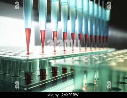 Pipettes multicanaux et plaques multi-puits utilisées en laboratoire de microbiologie. Illustration tridimensionnelle. Banque D'Images