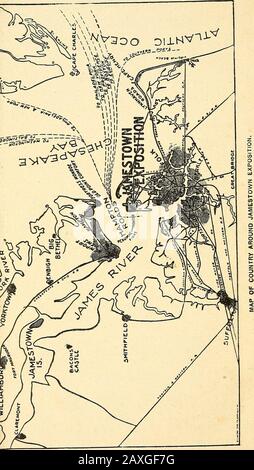 Les villes de Hampton Roads, en Virginie, vos hôtes pour 1907, 1607-1907, l'exposition Jamestown . années le Bureau United StatesWeather donne une température moyenne de 77,4 mer; une température de 60,4 auto; une moyenne de 69 degrés Fahrenheit. Le merveilleux cli-mate est principalement dû à son emplacement géographique, ayant les avantages des brises d'océan et une série complexe amost de cours d'eau intérieurs, baies et rivières. Population. La population des villes de Tidewater en Virginie est cosmopolite, en grande partie en raison de l'augmentation de la population des colons progressistes immigrationof Banque D'Images