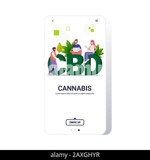 les personnes utilisant de l'huile de chanvre cbd extraite de la plante de cannabis utilisant de la marijuana à des fins médicinales industrie pharmaceutique concept de consommation de drogue application mobile copie espace illustration vectorielle Illustration de Vecteur