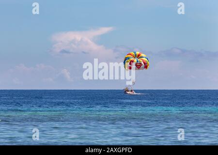 Bohol, Panglao, Philippines - 26 janvier 2020: Deux personnes paravoile en mer bleue, ciel bleu Banque D'Images