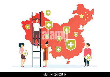 Épidémie de grippe MERS-CoV propagation des personnes du monde mettant des épingles de boucliers médicaux de villes avec infection de coronavirus wuhan 2019-nCoV pandémie de santé risque carte chinoise fond illustration horizontale de vecteur Illustration de Vecteur