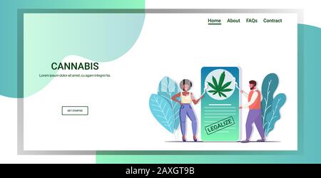 mix race couple fumer cannabis joint utilisant l'app mobile chanvre commander légaliser la consommation de drogue concept pleine longueur horizontale copie espace illustration vectorielle Illustration de Vecteur