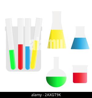 Kit de flacons en verre pour équipements scientifiques pour la chimie pour laboratoires scientifiques, médicaments ou médicaments liquides de pharmacologie, mesure de fluides, illustration vectorielle Illustration de Vecteur