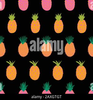 Ananas vectoriels sur un motif répétitif noir sans soudure. Décor moderne coloré et lumineux en été. Ananas tropicaux. Fruits exotiques tirés à la main isolés Illustration de Vecteur