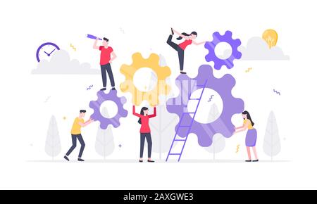 Concept d'équipe avec de petits caractères des gens travaillant ensemble avec de grandes vitesses roues cog icônes paramètres. Le travail d'équipe et de la gestion du temps concept télévision styl Illustration de Vecteur