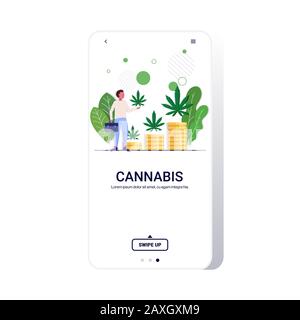 homme d'affaires tenant cannabis feuilles de chanvre plantes poussant sur des piles de pièces de monnaie marijuana entreprise drogue consommation concept pleine longueur copie espace mobile app smartphone écran illustration vectorielle Illustration de Vecteur