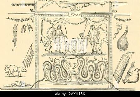 Les ruines de Pompéi : une série de dix-huit vues photographiques : avec un compte rendu de la destruction de la ville, et une description des vestiges les plus intéressants . CUISINIÈRE DANS LA CUISINE DE LA MAISON DE PANSA.. PEINTURE RELIGIEUSE DANS LA CUISINE DE LA MAISON DE PANSA. LES RUINES DE POMPÉI. 45 les détails. Plus bas, dans le même Ime de la rue, est une maison soeur, le thatof du Faiui, ainsi appelé d'une petite statuette admirable d'une danse Faun, un des bijoux de la sculpture pompeienne, qui a orné sa fontaine. Thishouse, comme celle de Pansa, remplit une insula entière d'environ les mêmes dimensions, et Banque D'Images