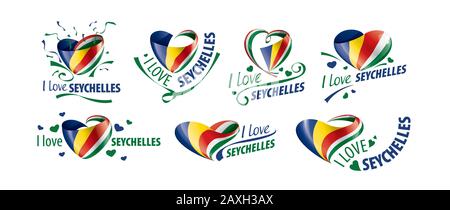 Drapeau national des Seychelles en forme de coeur et l'inscription J'aime les Seychelles. Illustration vectorielle Illustration de Vecteur