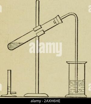Expériences de conférence chimique . m magnésite par la chaleur. — un tube-essai épais est partiellement rempli de 5 ou 10 g. de magnésite tel qu'il est utilisé pour l'analyse. Un corkavec un tube d'alimentation qui s'intoune bouteille en verre contenant de l'eau de chaux est inséré dans la bouche du tube d'essai, qui est alors clamppedin en position inclinée (Fig. 121).Lors du chauffage de la magnésite, des quantités de carbone dioxidesont données et produisent une martedobscurcissement dans l'eau de chaux. FLG* 121 MgC03 - MgO + C02. Tube à essai en verre dur ; magnésite ; eau de chaux. 23. Du carbonate de calcium et de l'acide chlorhydrique. — De loin t Banque D'Images
