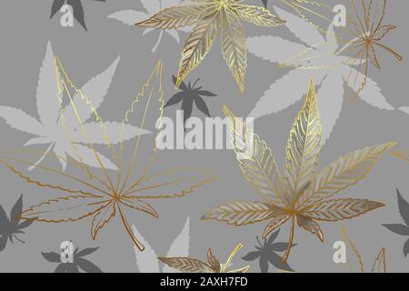 Magnifique modèle sans couture de feuilles de cannabis d'or. Motif de feuilles de marijuana métalliques grises ou argentées. Illustration de Vecteur