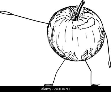 Illustration vectorielle du personnage de fruit de pomme de bande dessinée montrant ou pointant quelque chose à la main. Mode de vie sain, nourriture ou publicité agricole ou design de marketing. Illustration de Vecteur