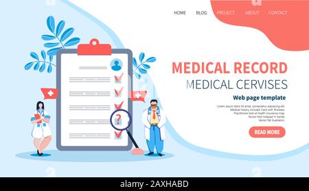 Dossier Médical. Médecins. Test de la carte patient. Carte médicale. Modèle pour site Web,page d'accueil. Illustration vectorielle plate. Les minuscules personnages medica Illustration de Vecteur